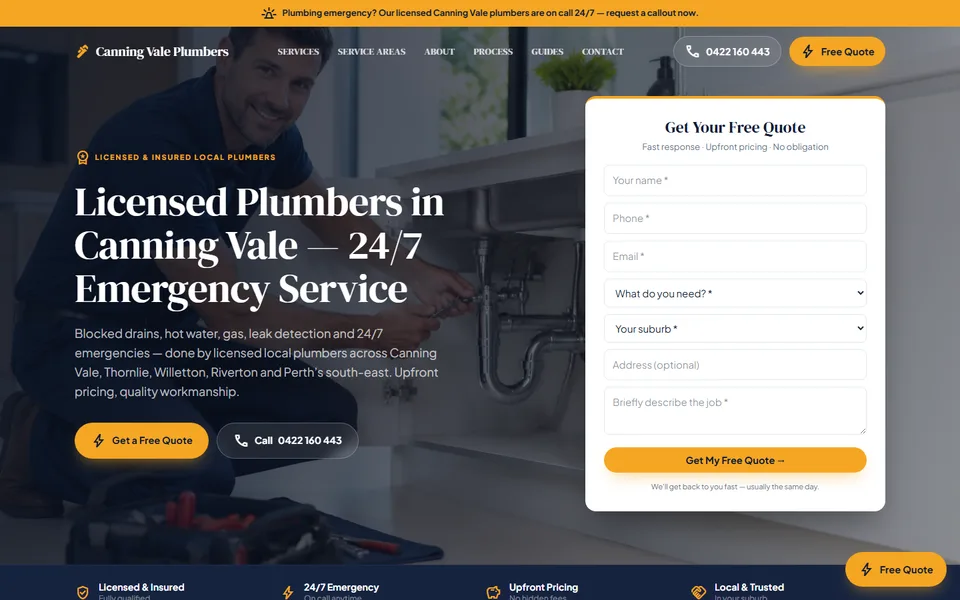 Screenshot of the Canning Vale Plumbers homepage built by eCoverBox