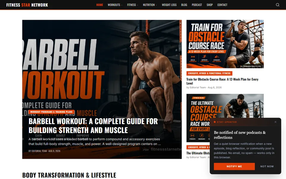 Screenshot of the Fitness Star Network homepage built by eCoverBox