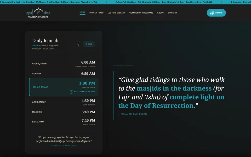 Screenshot of the Masjid Ibrahim homepage built by eCoverBox
