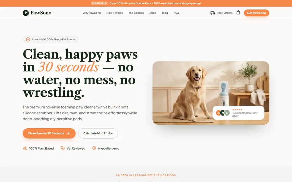 Screenshot of the PawSono homepage built by eCoverBox