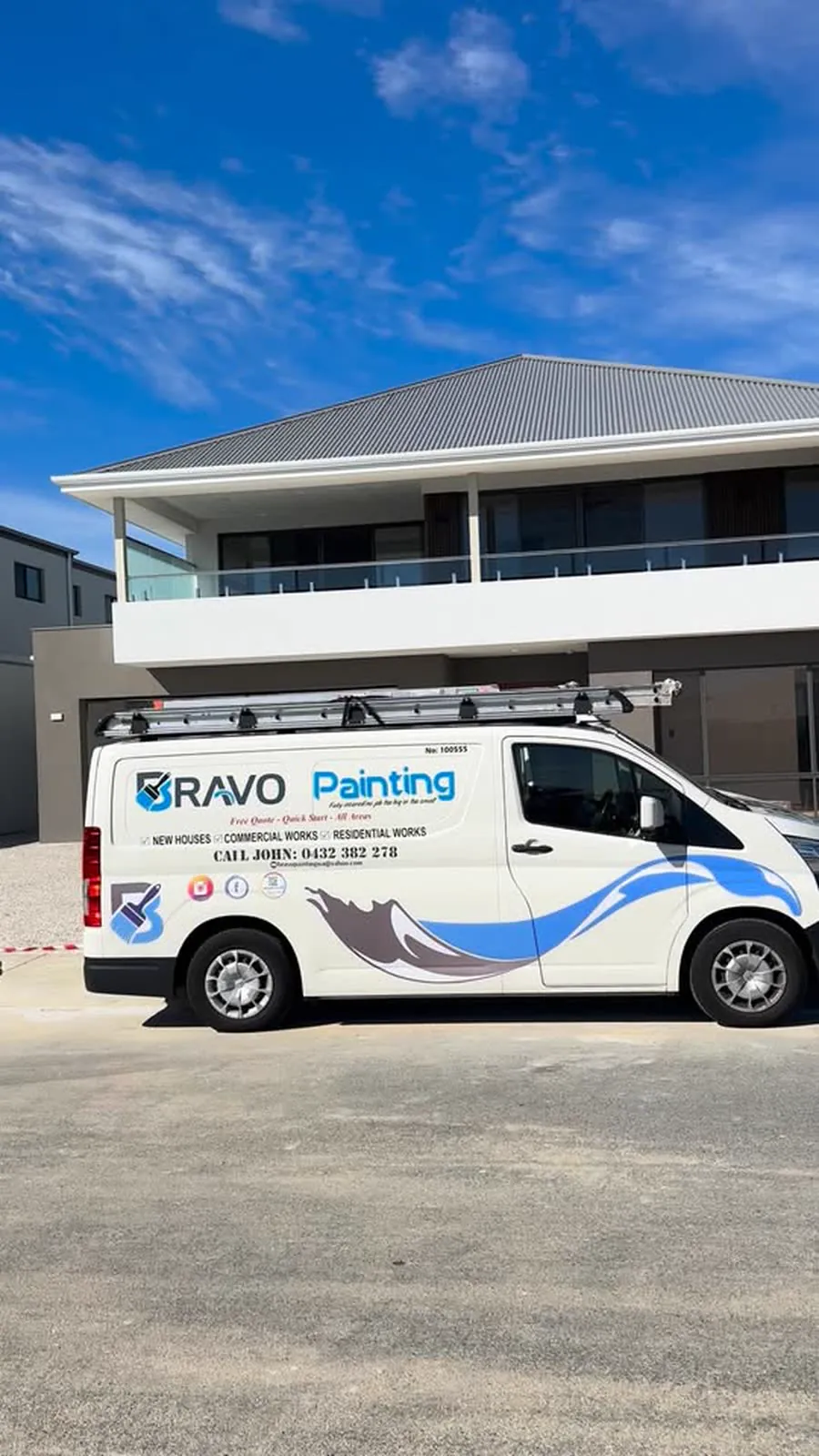 Bravo Painting's signwritten van parked outside a modern two-storey home