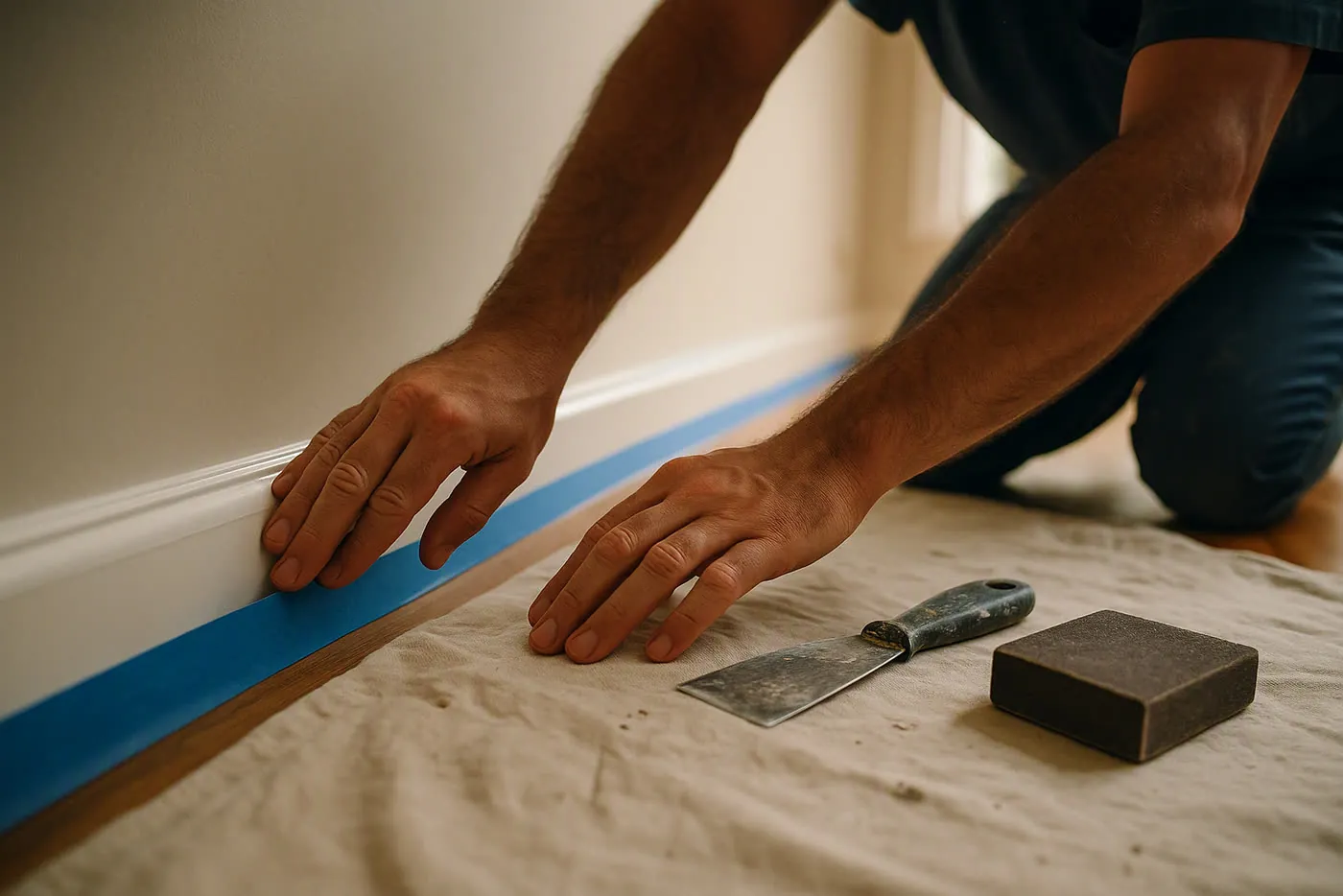 Masking tape being applied along skirting boards before painting