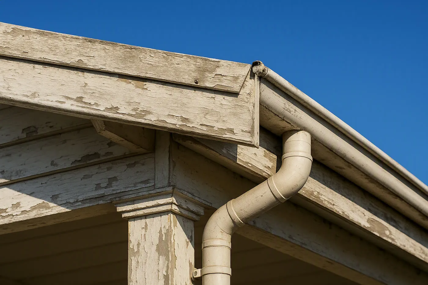 Weathered timber eaves with peeling and flaking paint